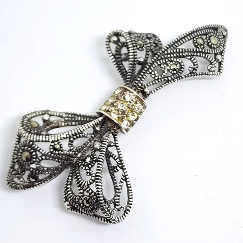 Vintage Sterling Silver Rhinestone and Marcasite Accent Bow Pin Brooch